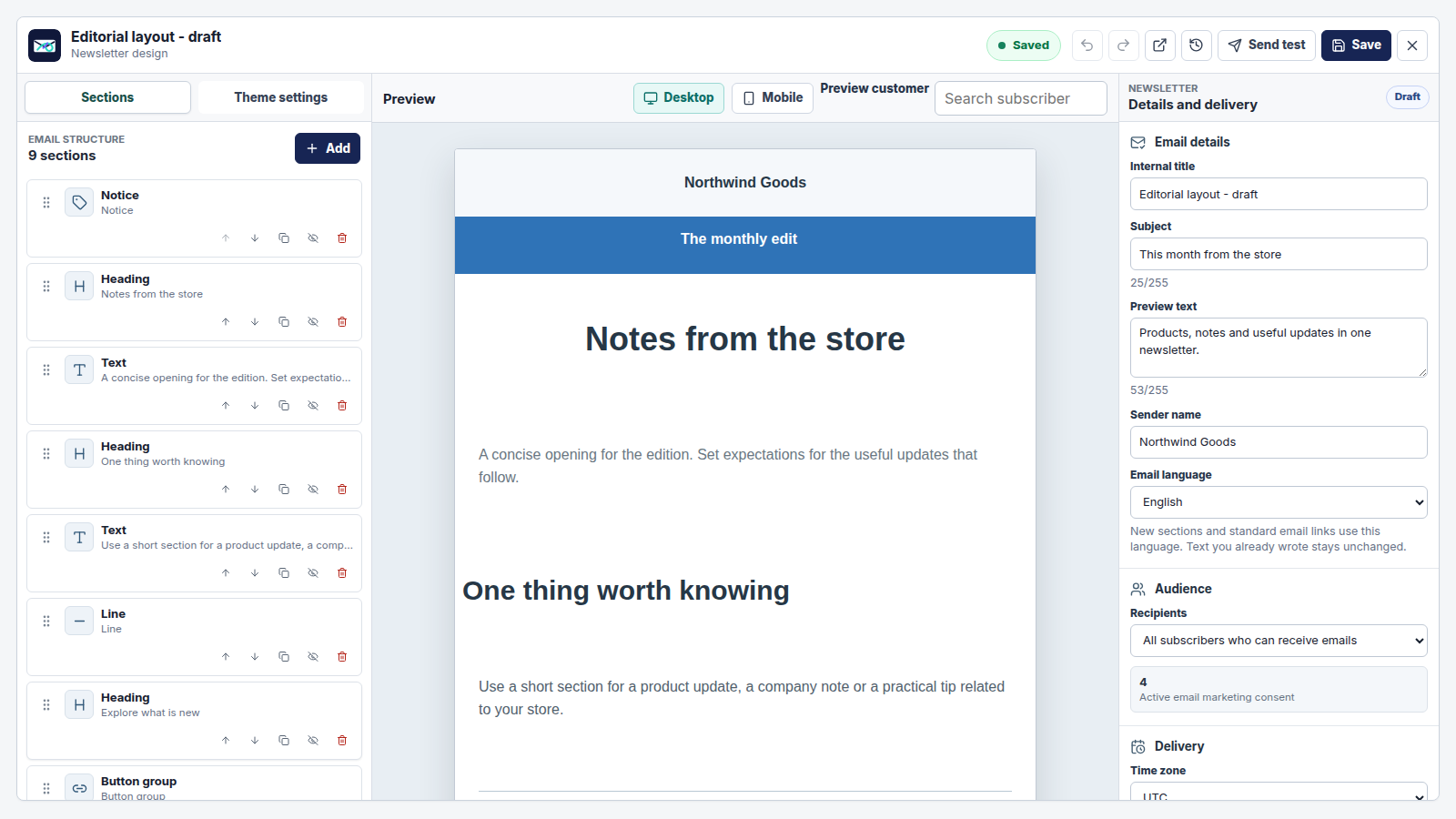 MailYVO newsletter editor with sections, preview and delivery settings