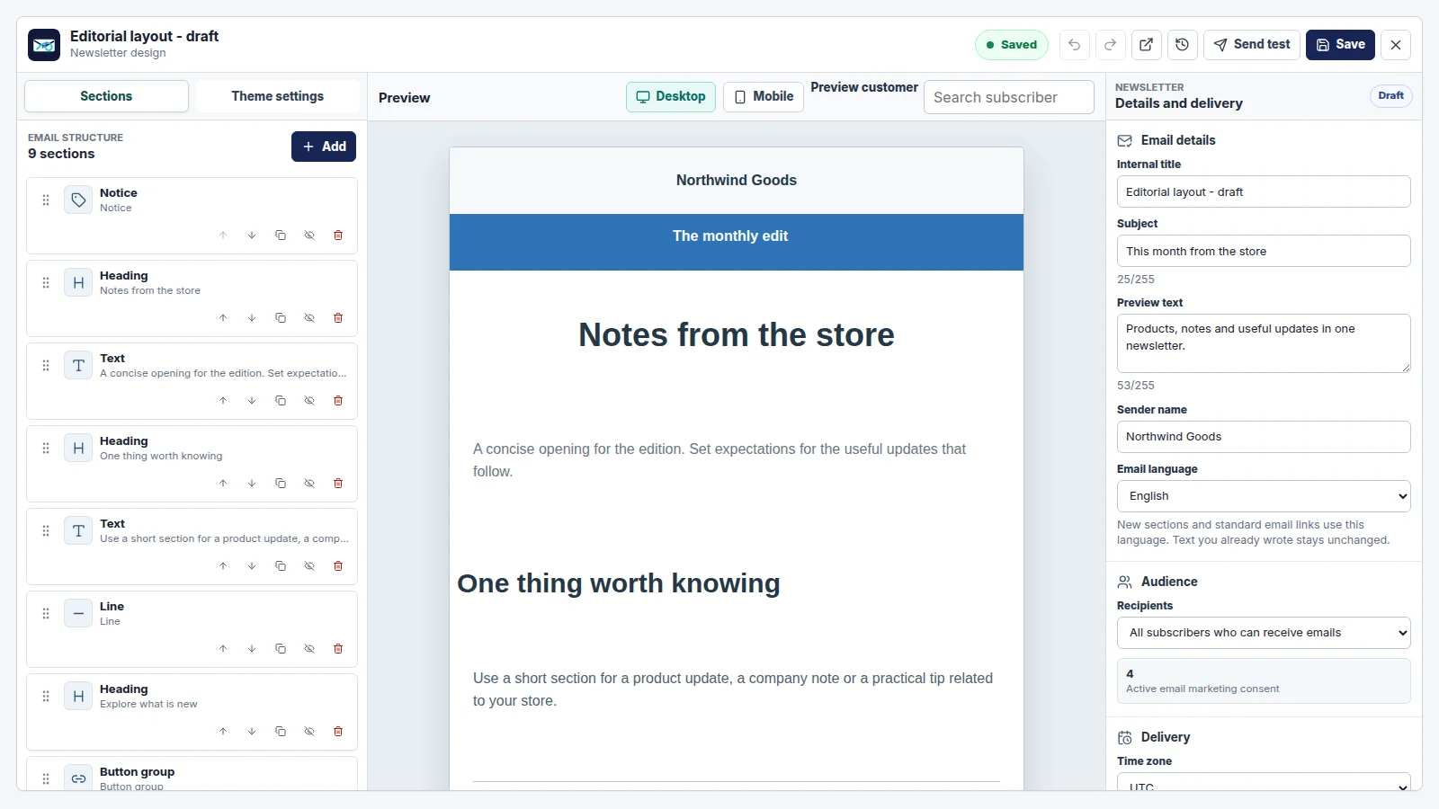 MailYVO newsletter editor with reusable sections, a desktop preview and audience settings