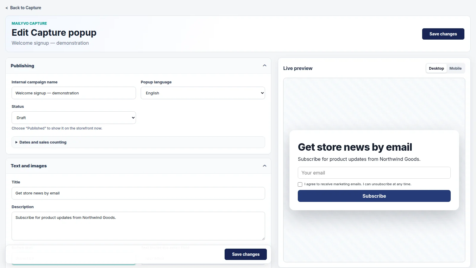 MailYVO Capture editor with consent and a live popup preview